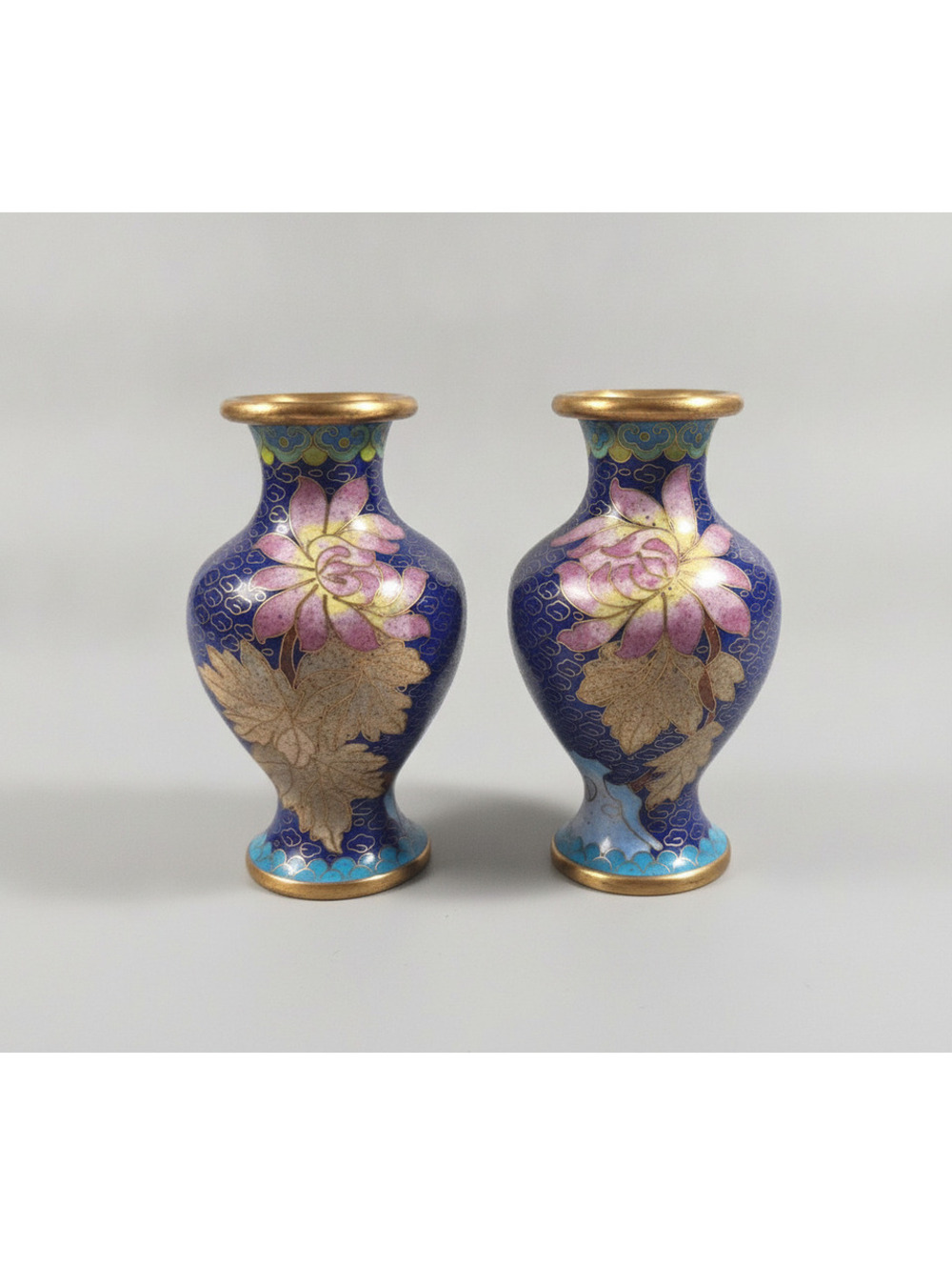 Vintage Set of 2 Chinese Cloisonne Cobalt & Floral Enamel Miniature Vases 4"